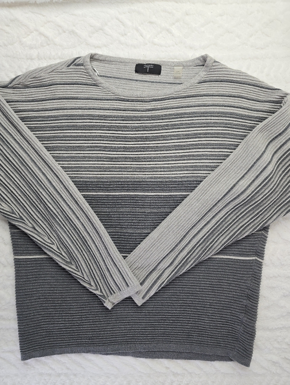 Tahari Striped Ribbed Sweater Gray Long Sleeve Drop Shoulder Relaxed S